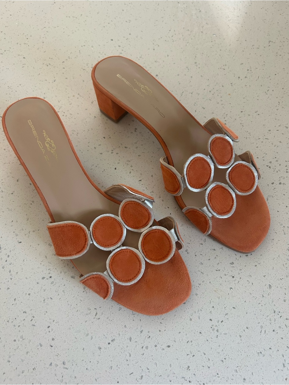 Bruno Magli Orange Suede Circular Appliqué Block Heel Sandals